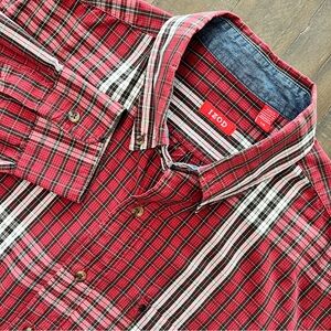 Izod Men's Red and Black Plaid Button Down Shirt